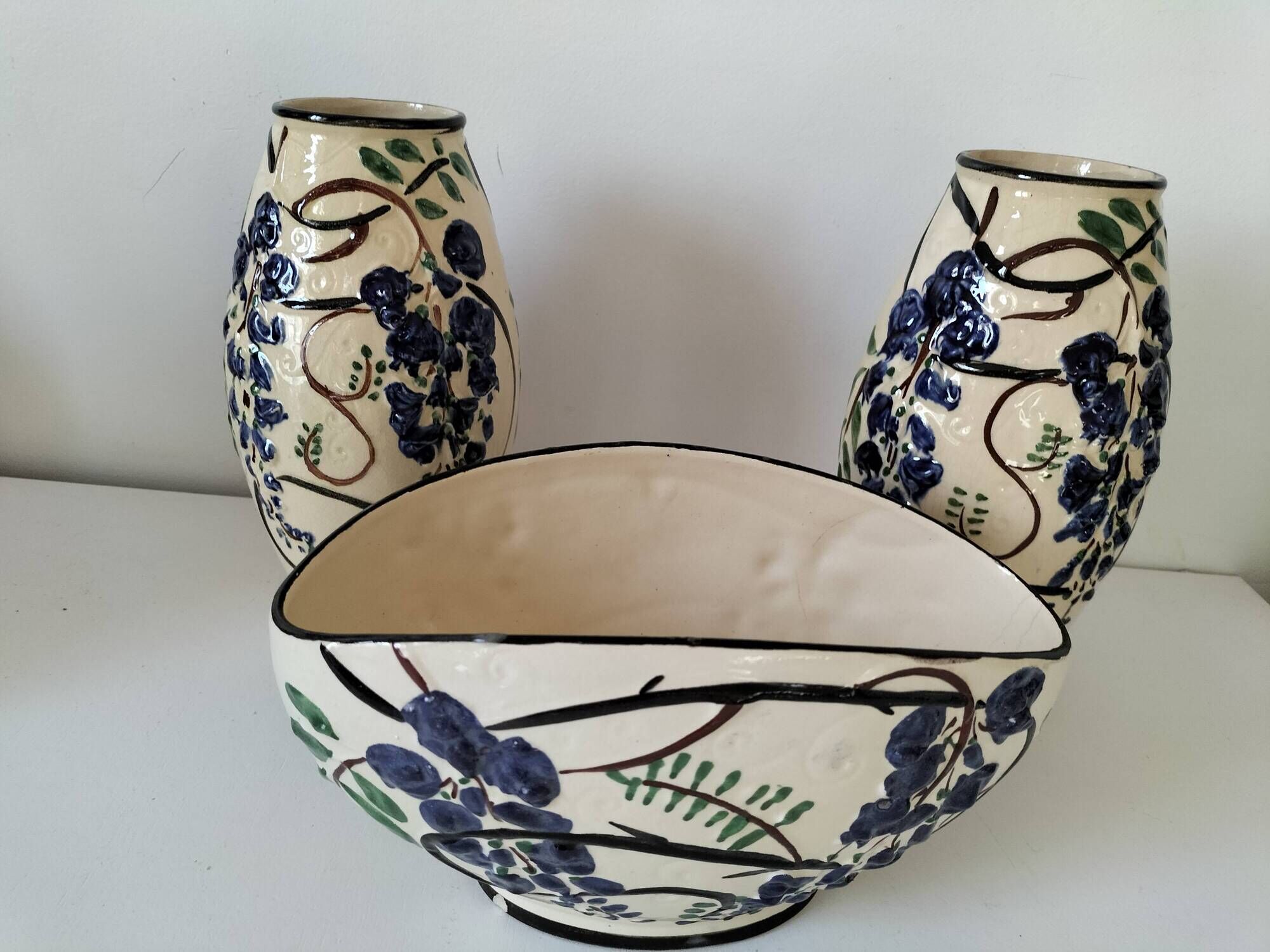 Poët-Laval Trio “Wisteria” – 2 vases no. 721 & boat planter no. 729