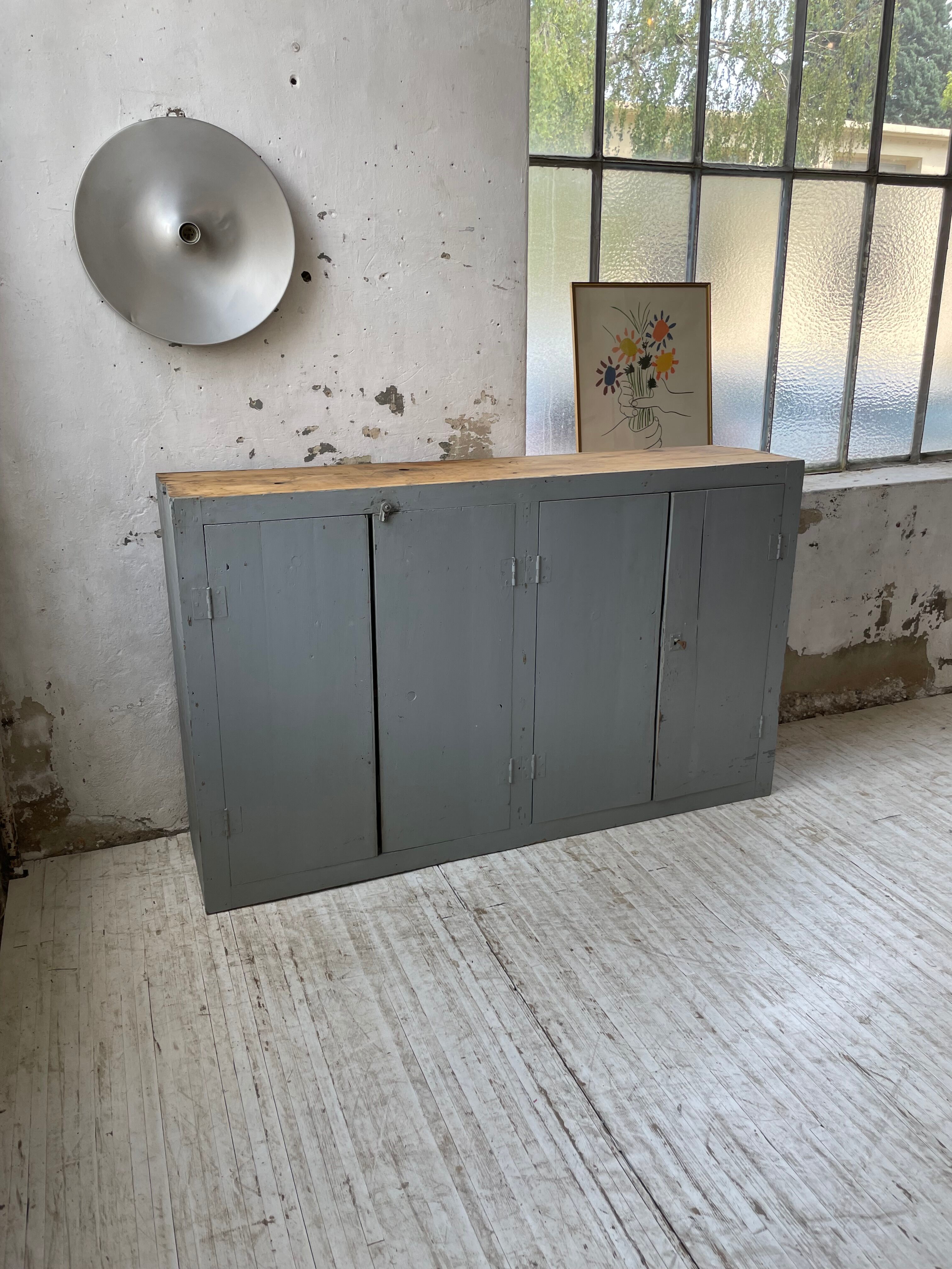 Factory blue patinated workshop furniture