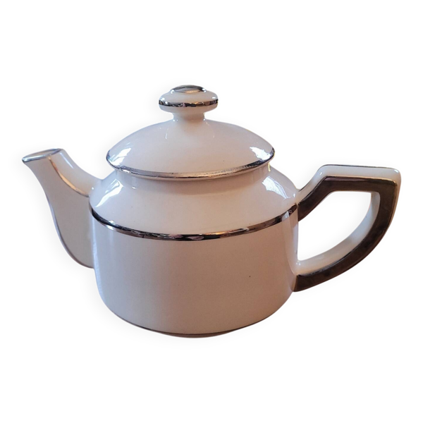 Théière Art Déco en porcelaine blanche et platine