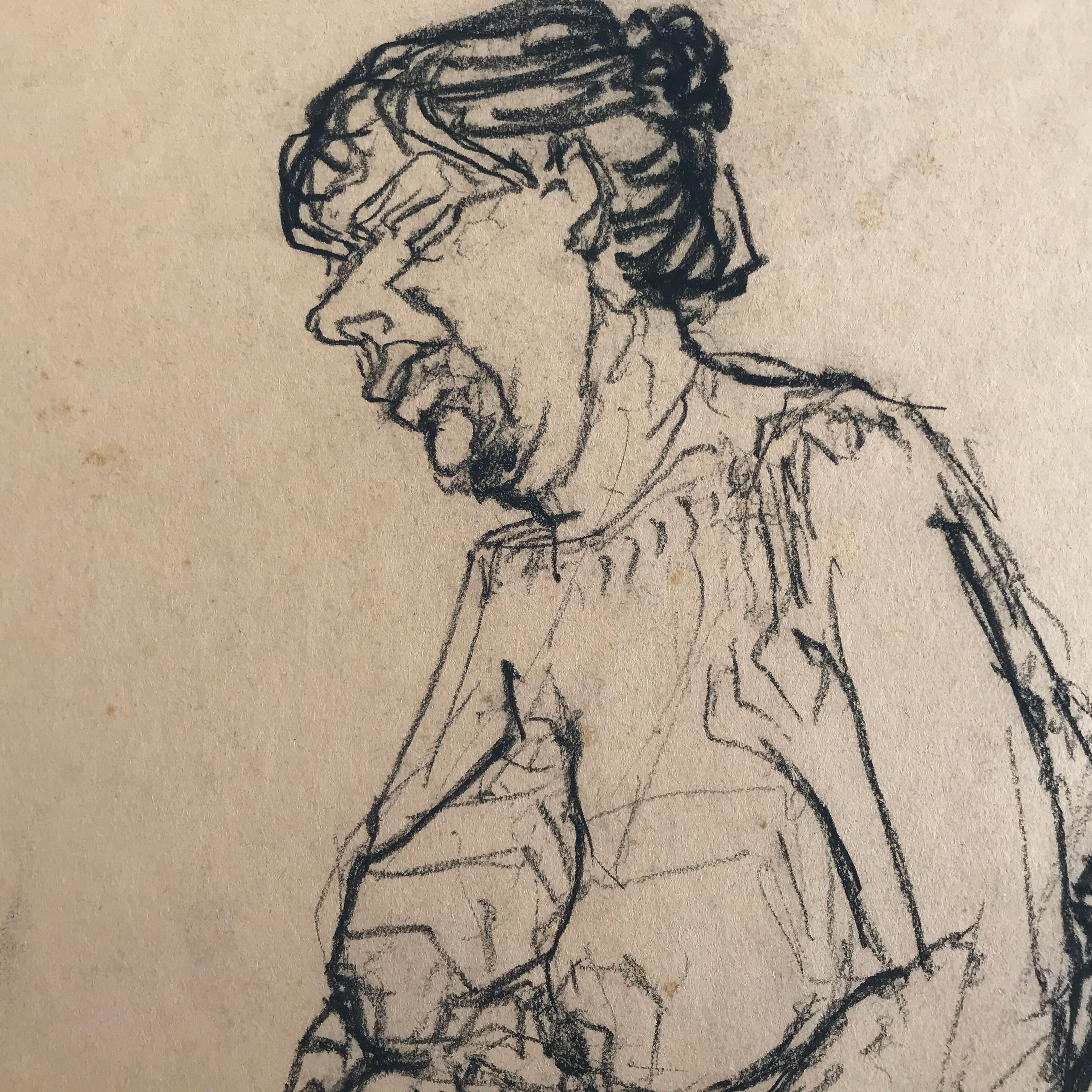 Charcoal sketch on paper by robert haisley, model study, sleepy on a chair