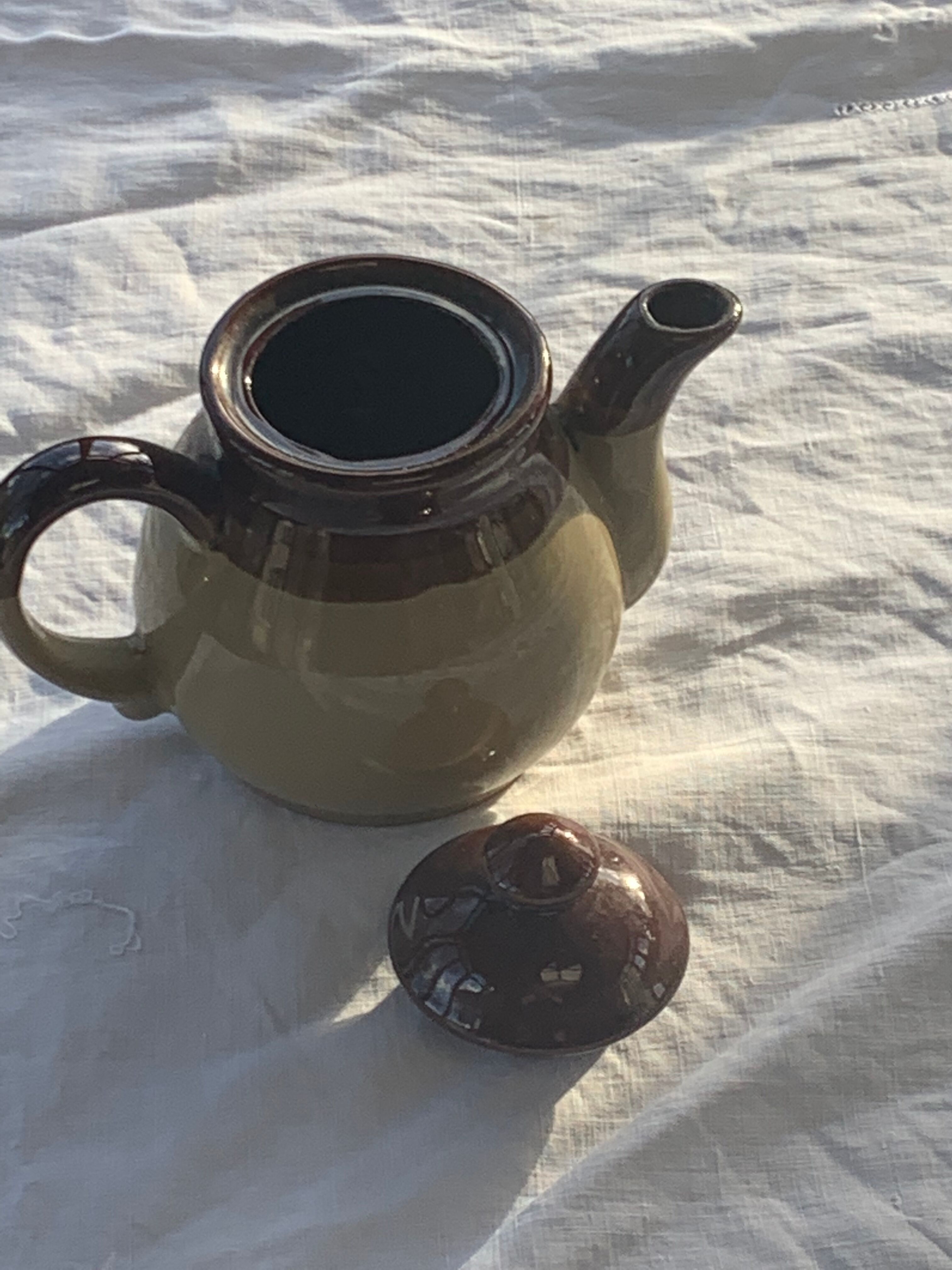 Two-tone stoneware teapot vintage floral pattern
