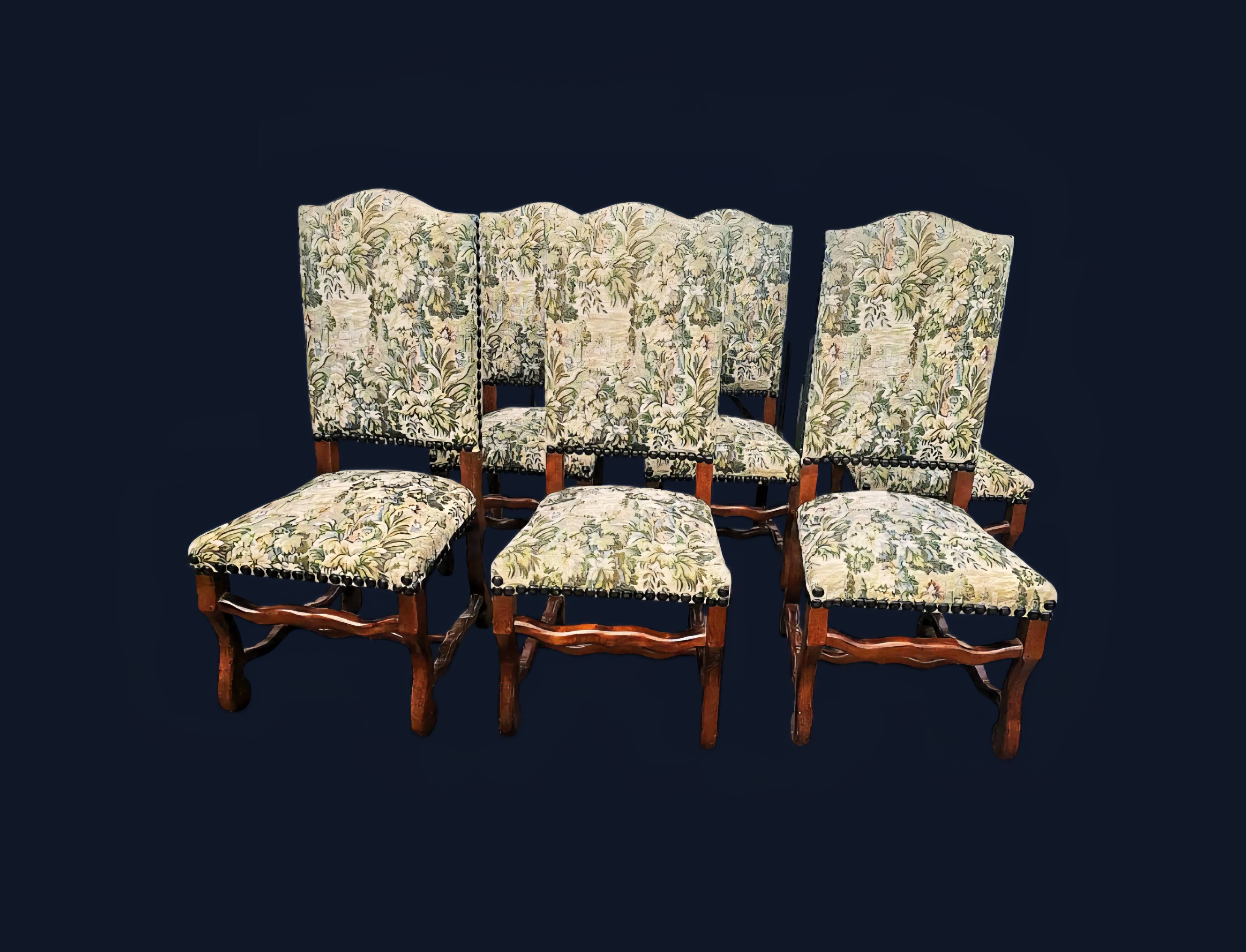 6 Louis XV style solid wood chairs with jacquard upholstery.