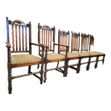 Lot suite de 4 chaises et 2 fauteuils en chêne sculpté, pieds en bobine, années 1900