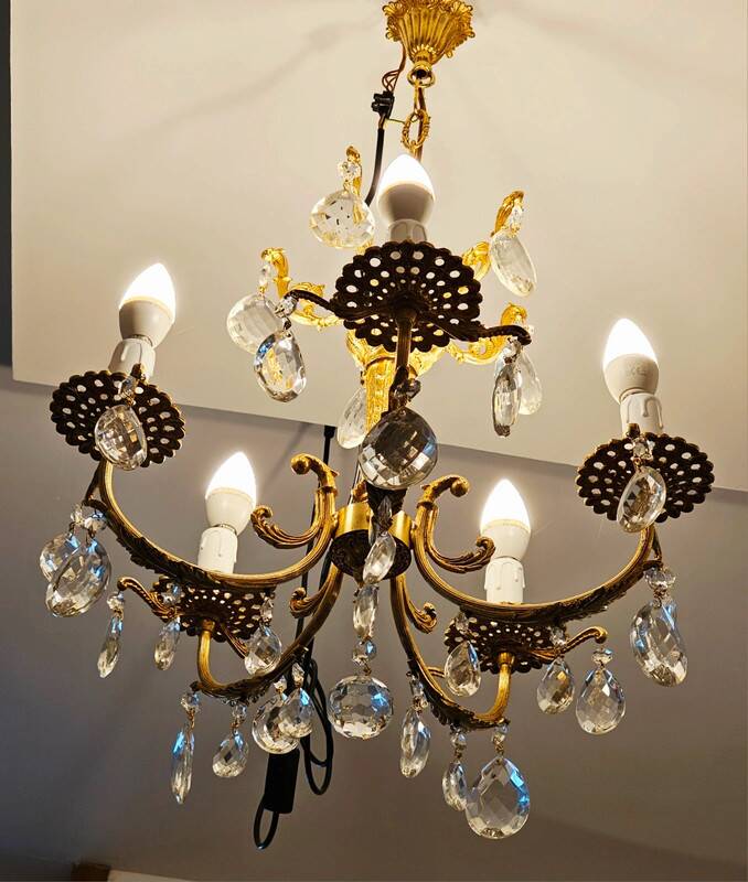 Five-light chandelier in chiseled bronze and crystal