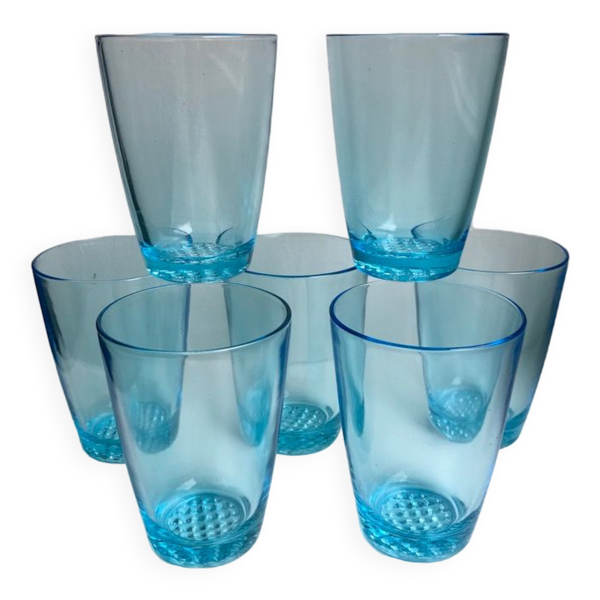 Lot de 7 verres à eau made in france en verre bleu années 70
