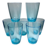 Set of 7 water glasses Made in France blue glass 70s