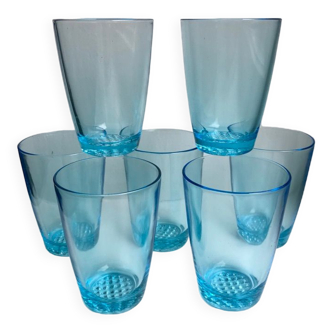 Set of 7 water glasses Made in France blue glass 70s