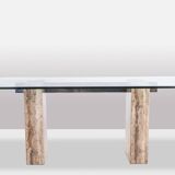 Console, or desk, in glass and travertine. 1980s.