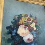 Tableau Ancien Fleur Cadre Doré XIX Huile Toile