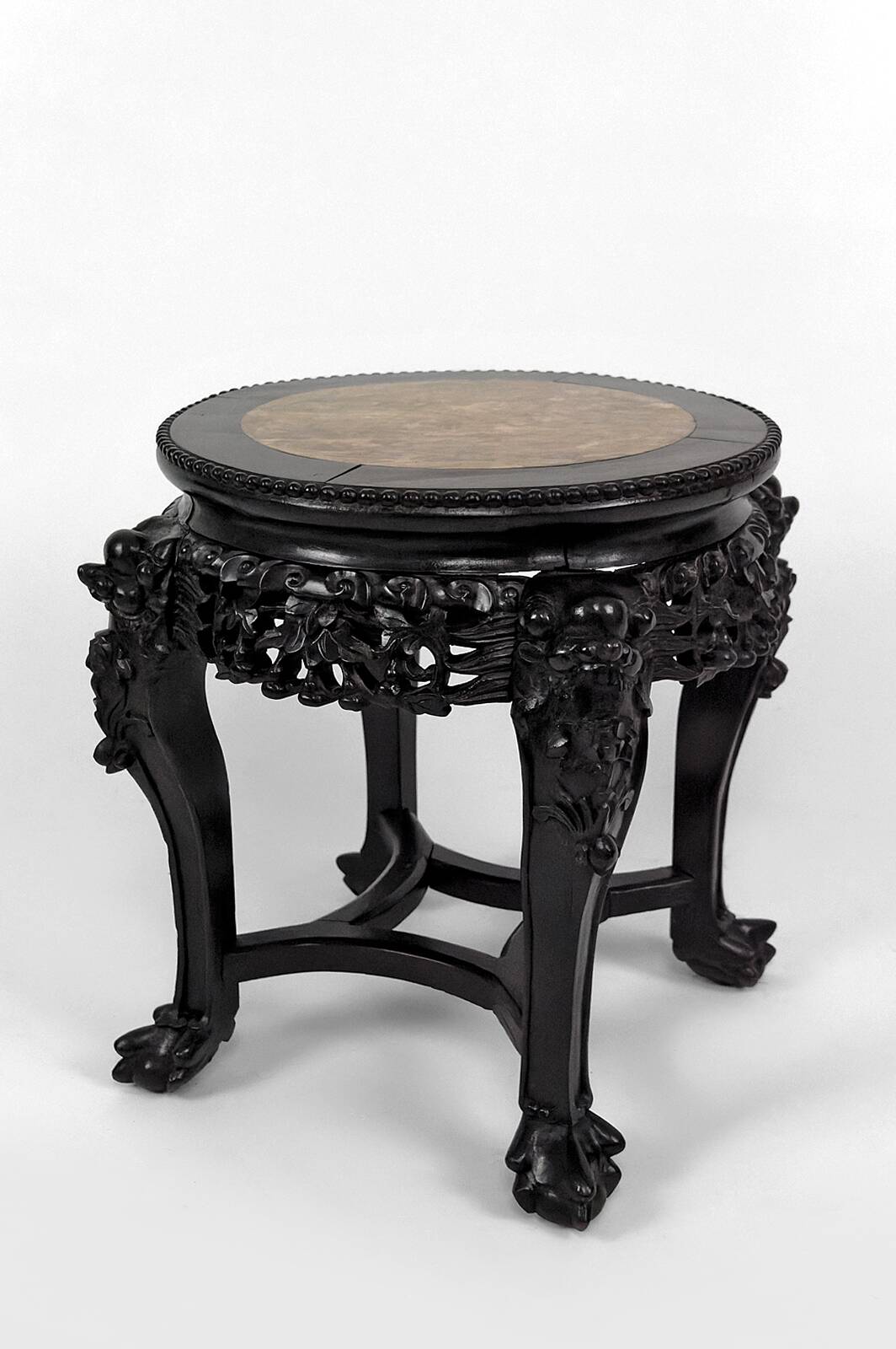 Asian wooden stand carved with Demons, marble top, Indochina, circa 1880