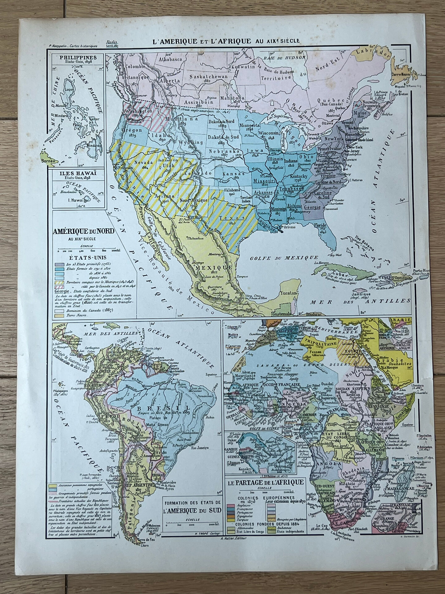 Map 1908 America and Africa 37.5x27.5cm