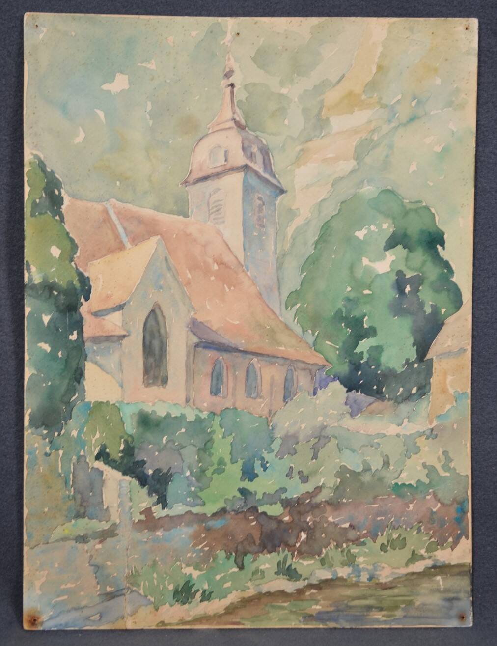 French school 20th century "the village church" watercolor, dated 1944