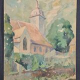 Ecole française XXème siècle "l'église du village" aquarelle, datée 1944