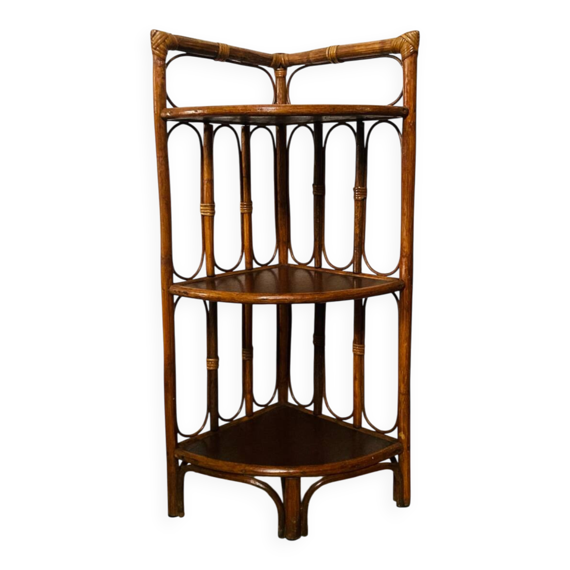 Étagère d'angle vintage en bambou et rotin années 1960/70