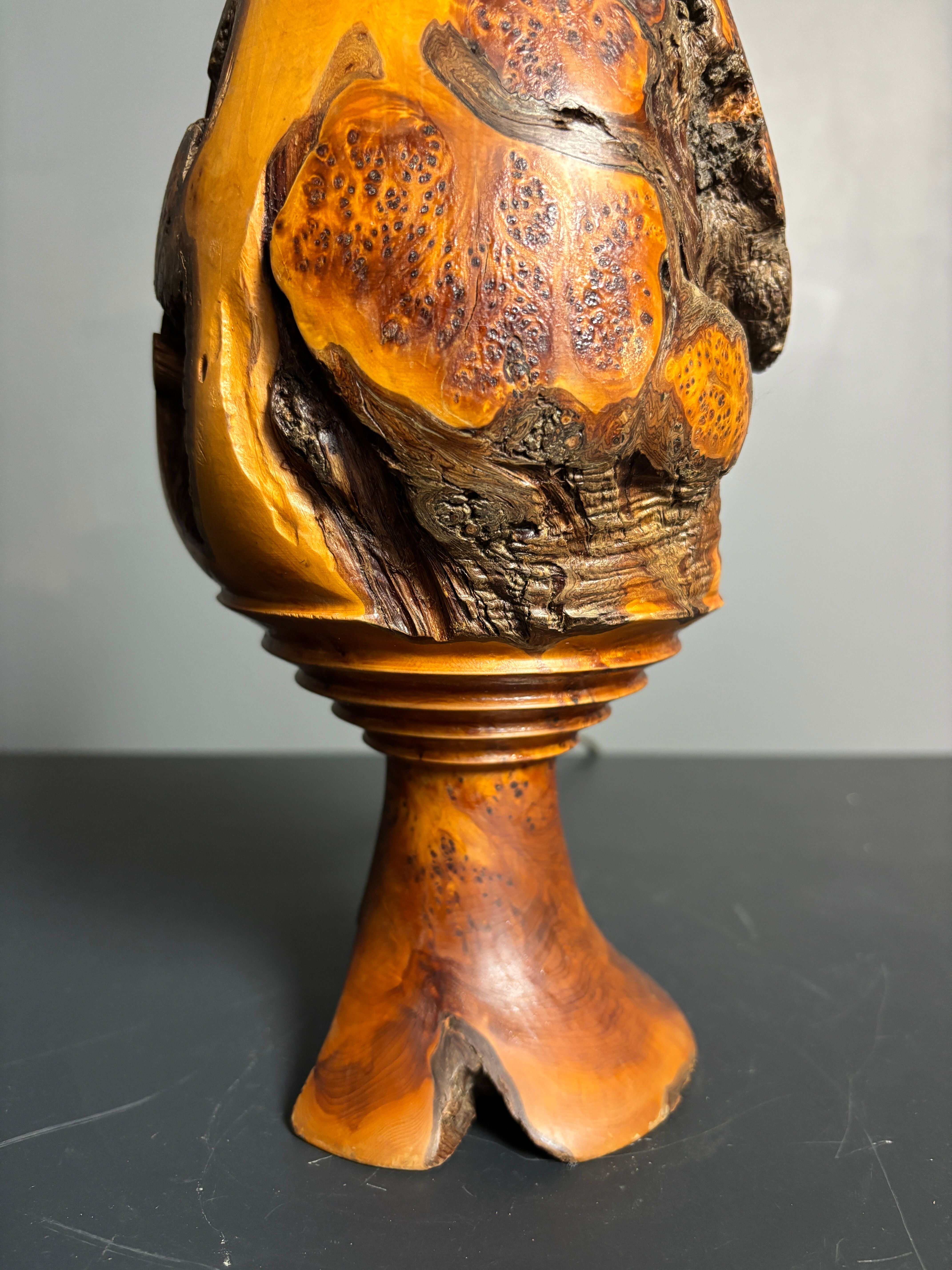 Sculptural artisanal brutalist midcentury burl wood turned table lamp 1960s