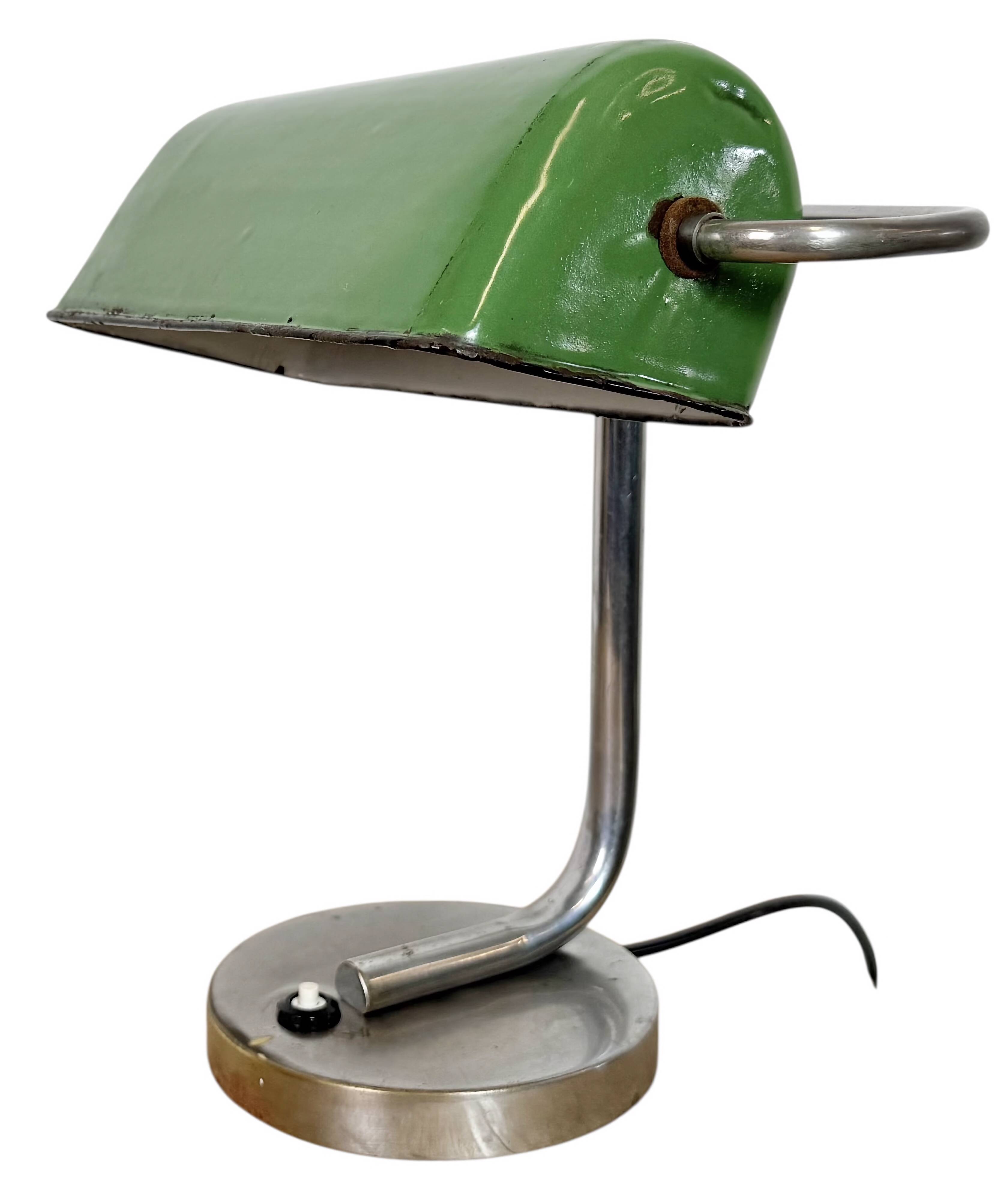 Vintage Green Enamel Banker Lamp, 1950s