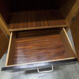 French wardrobe with tapered legs, 3 doors, 1 mirror (27*130), and 1 drawer.