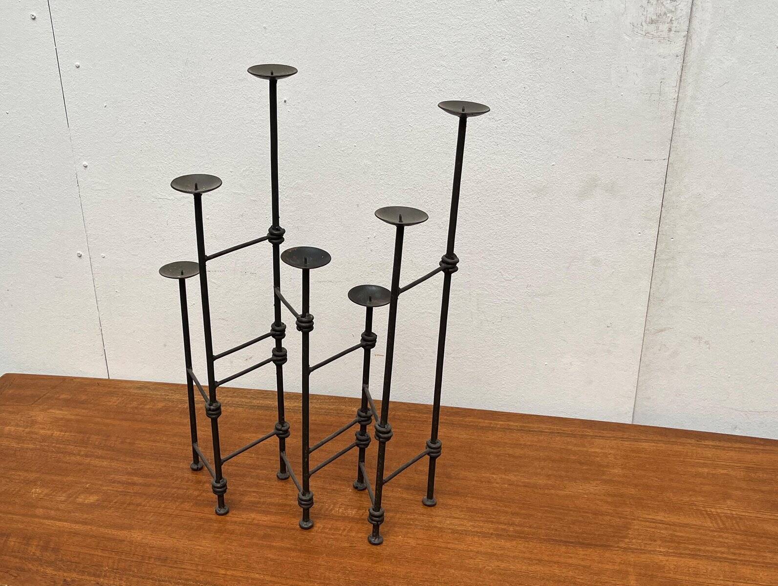 Mid-century brutalist extendable wrought iron floor chandelier, 1960s.
