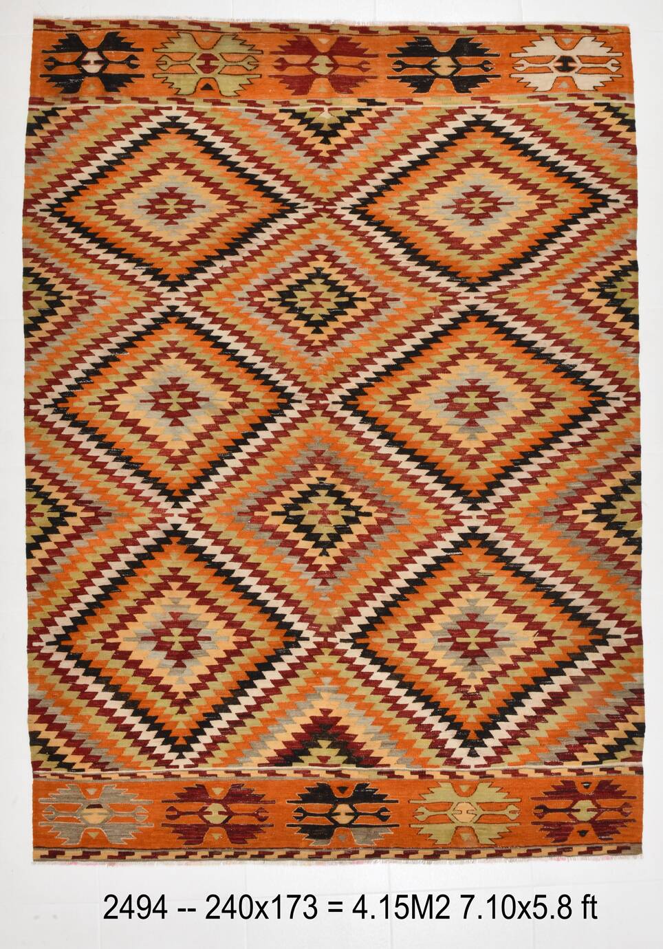 Tapis Kilim en laine fait main tribal noir orange 6x8