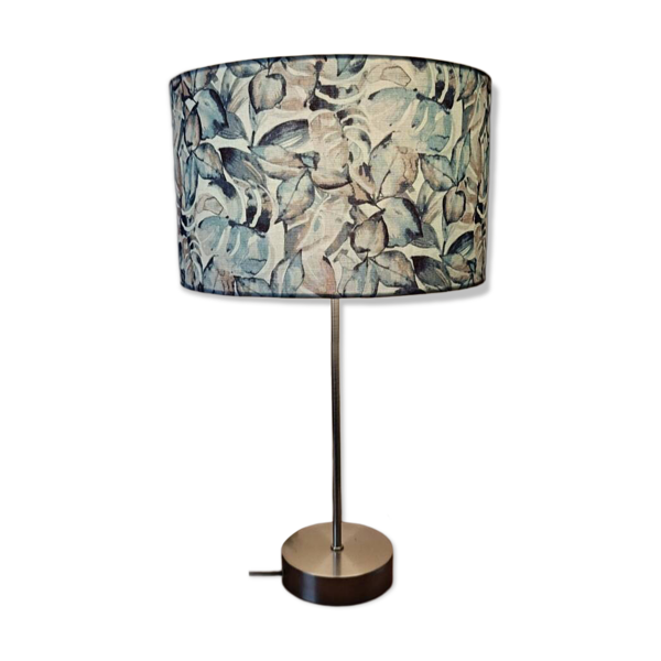 Lampe de table pied tige chrome, abat jour tropical végétal