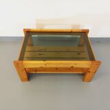 Vintage coffee table in pine and smoked glass from the 70s 80s