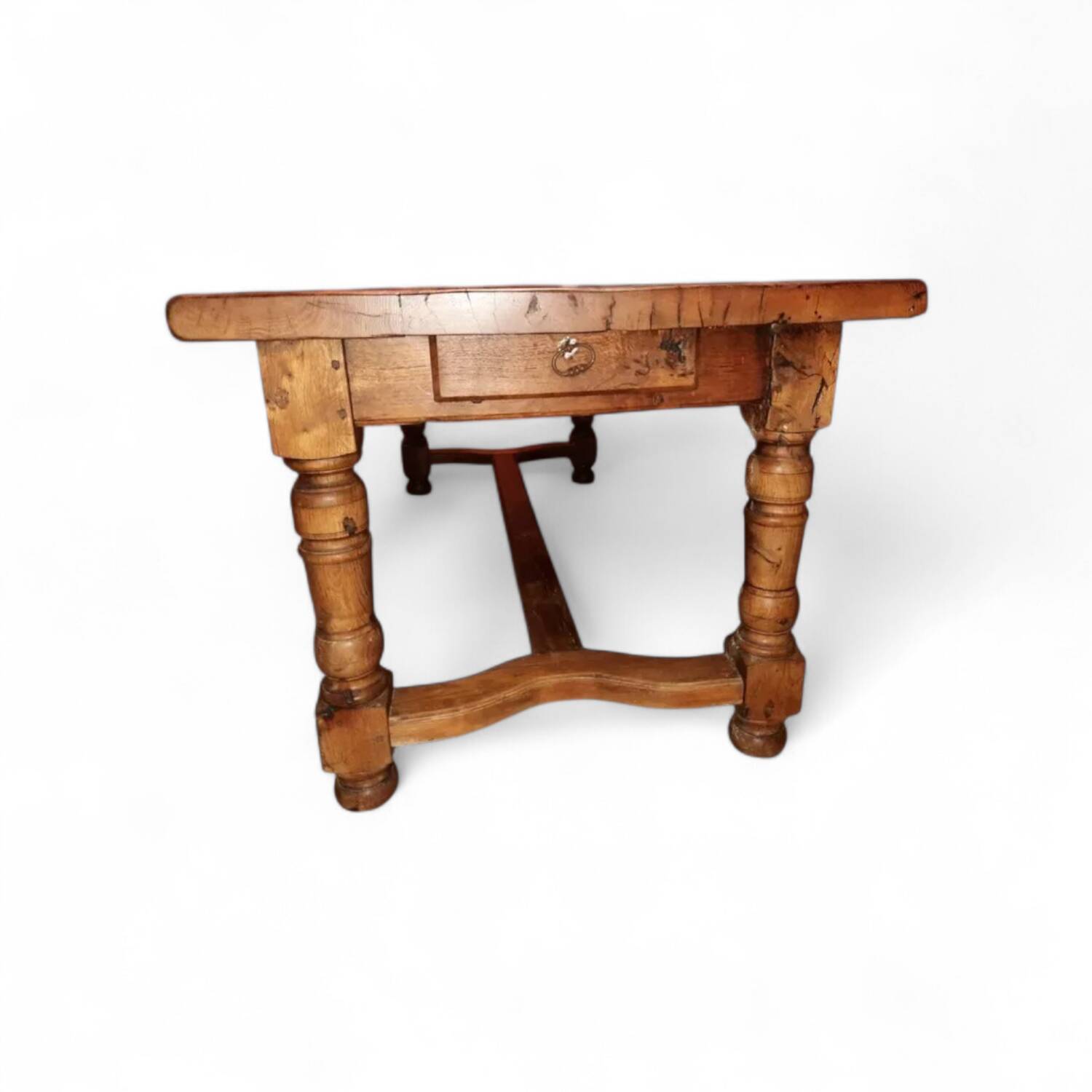 Large Antique Farm Table 190cm - Turned Legs & Stretcher - Bo
