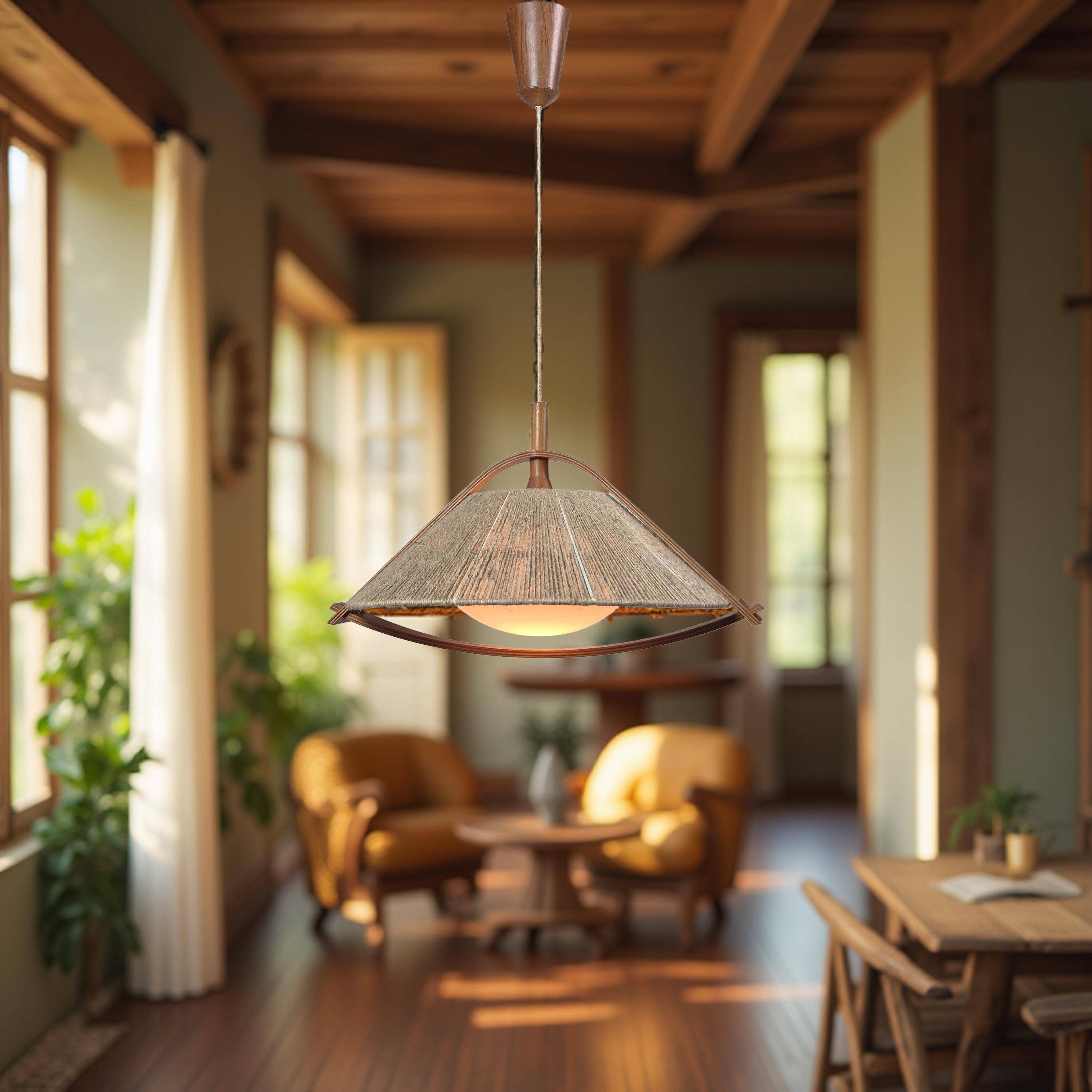 Wabi sabi sisal and plywood pendant lamp by Temde, Switzerland 1960s