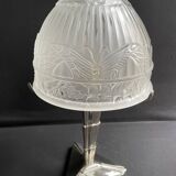 Art Deco table lamp – Chromed metal and molded pressed glass – Attributed to Création Tief