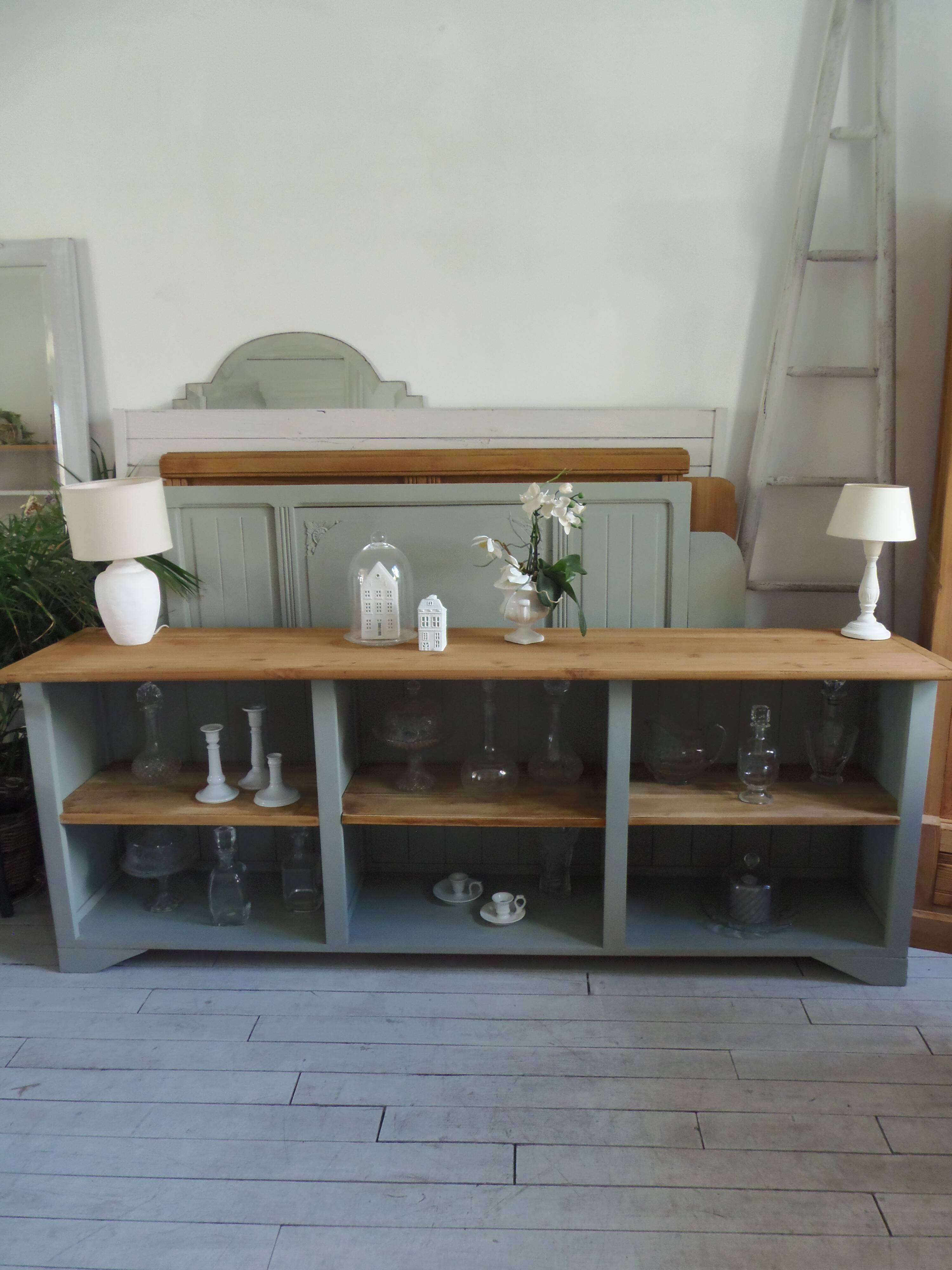 Professional furniture enhanced in verdigris, wooden top.