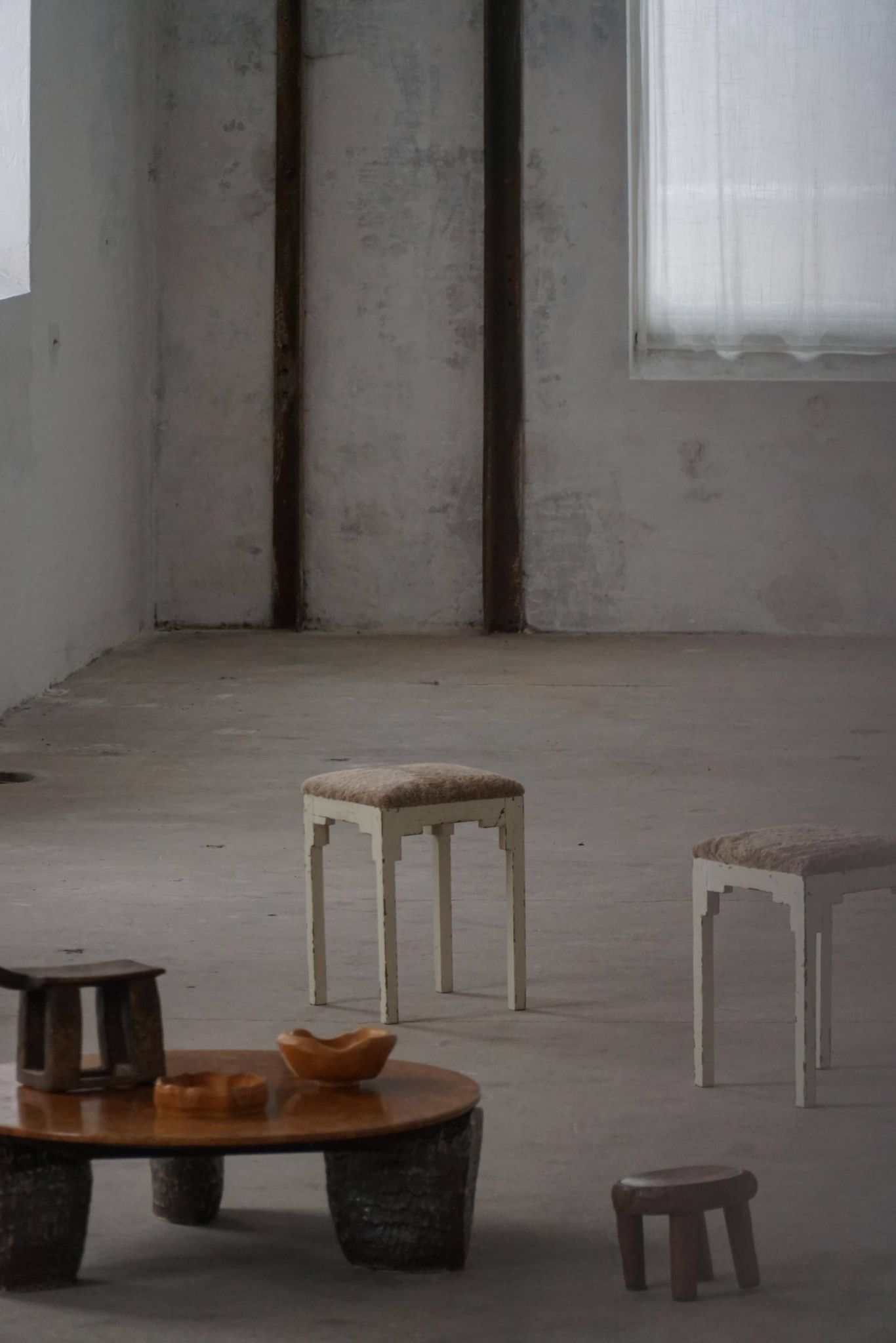 A pair of antique Danish stools, seats in lambswool, late 19th century.