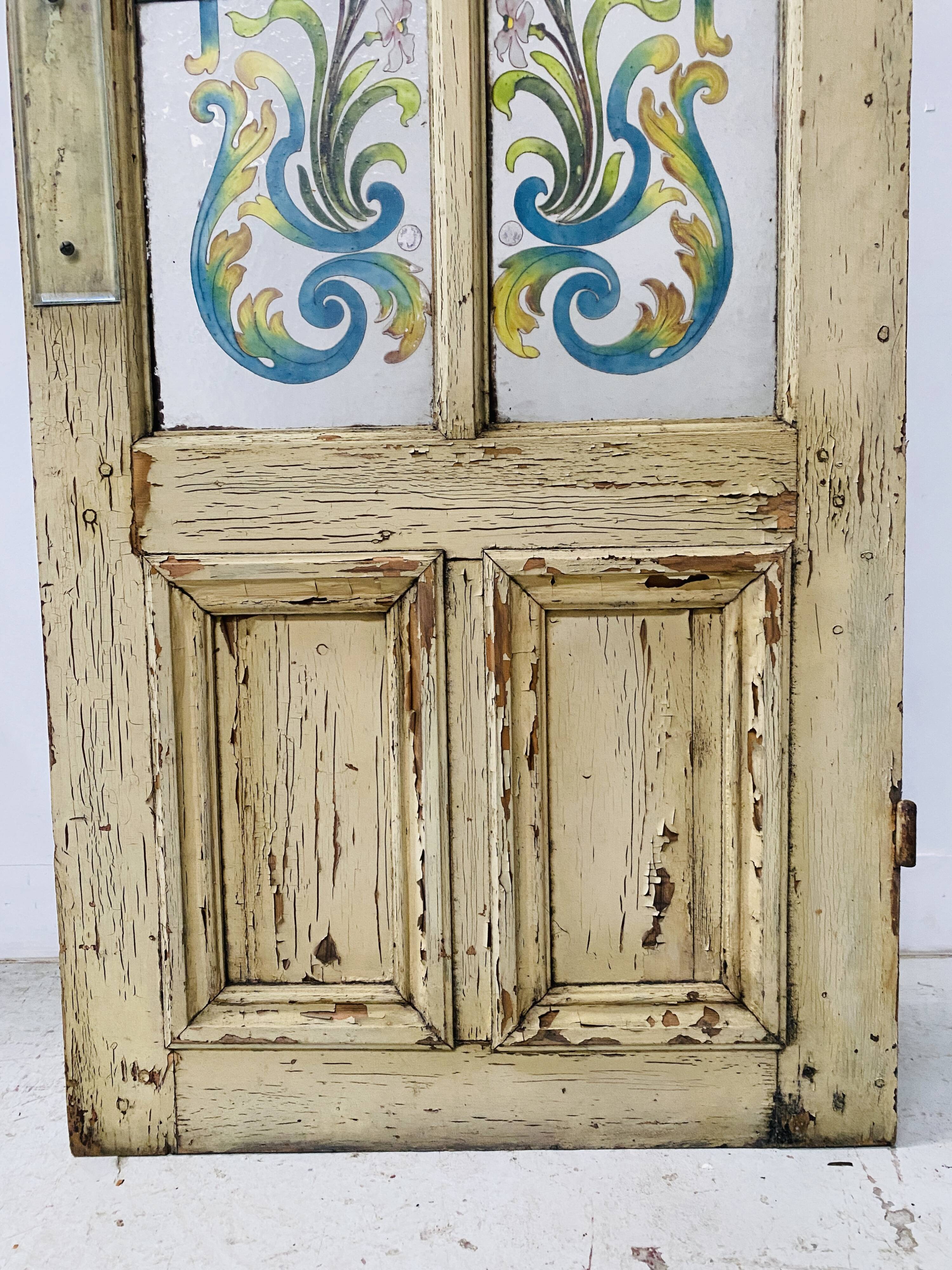 Passage door in patinated fir and Art Deco painted glass
