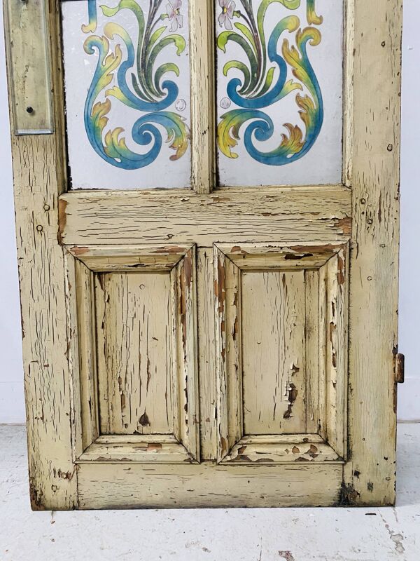 Porte de passage en sapin patiné et verre peint Art Déco
