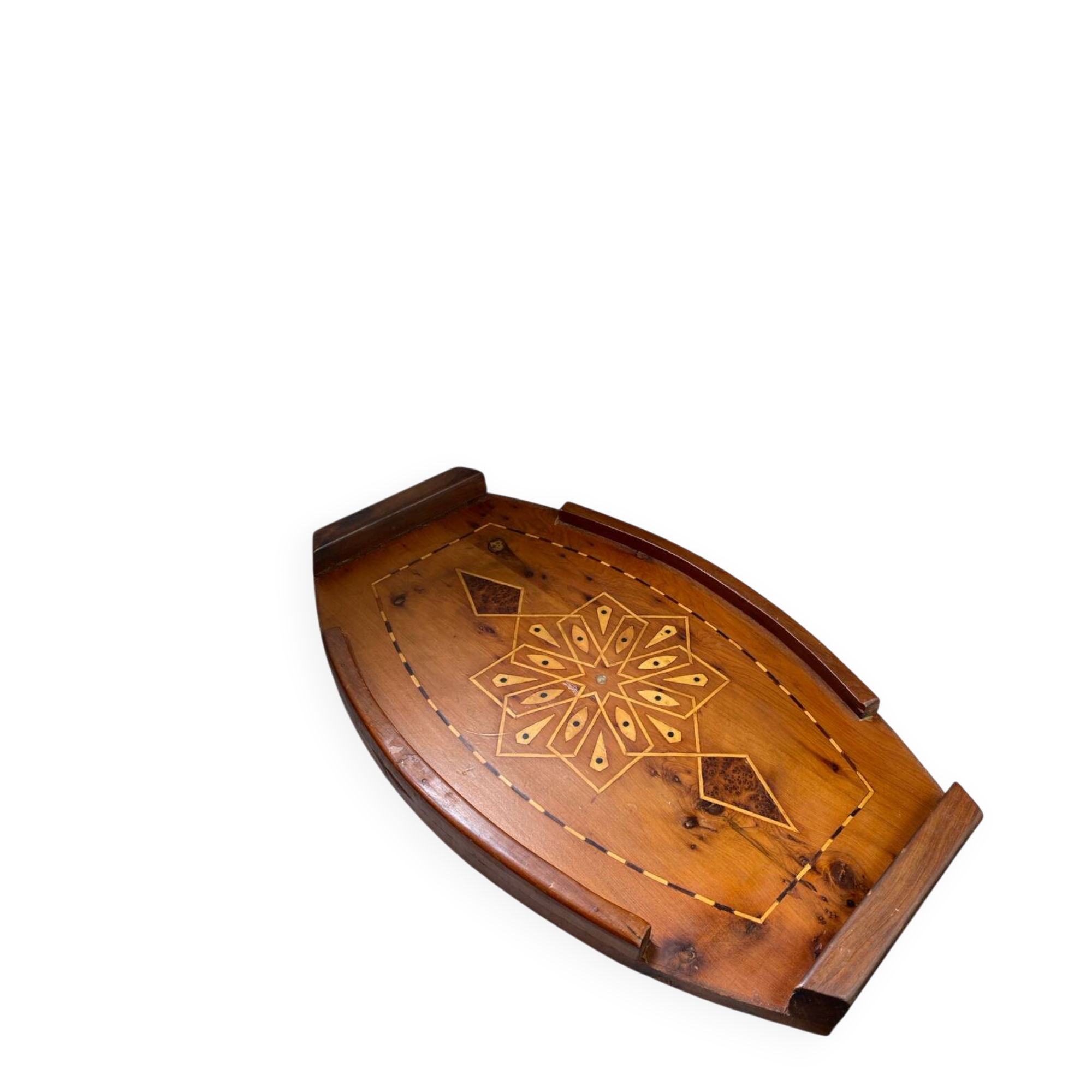 Wooden tray, inlaid decoration with marquetry and mother-of-pearl.