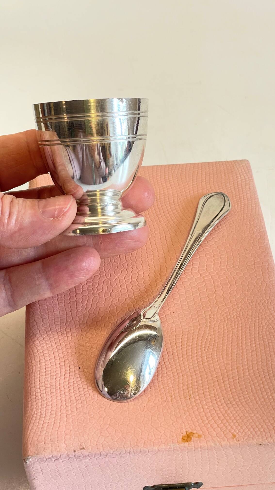 Vintage Silver-Plated Metal Egg Cup and Spoon for Birth