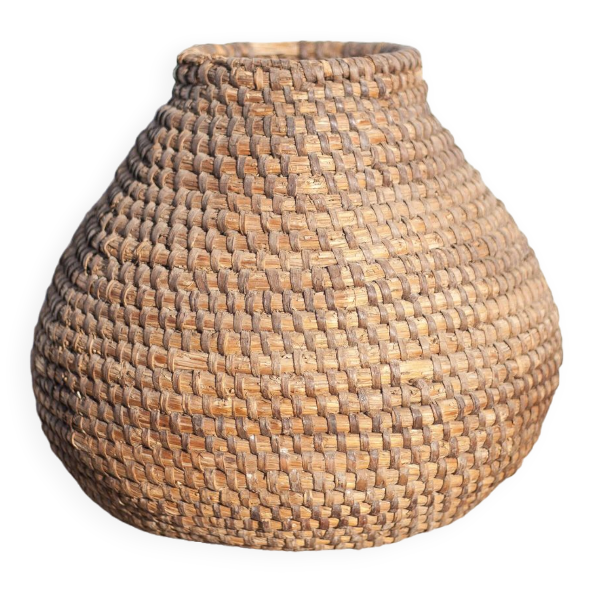 Old basket, burgundy straw and bramble, woven basket, interior decoration