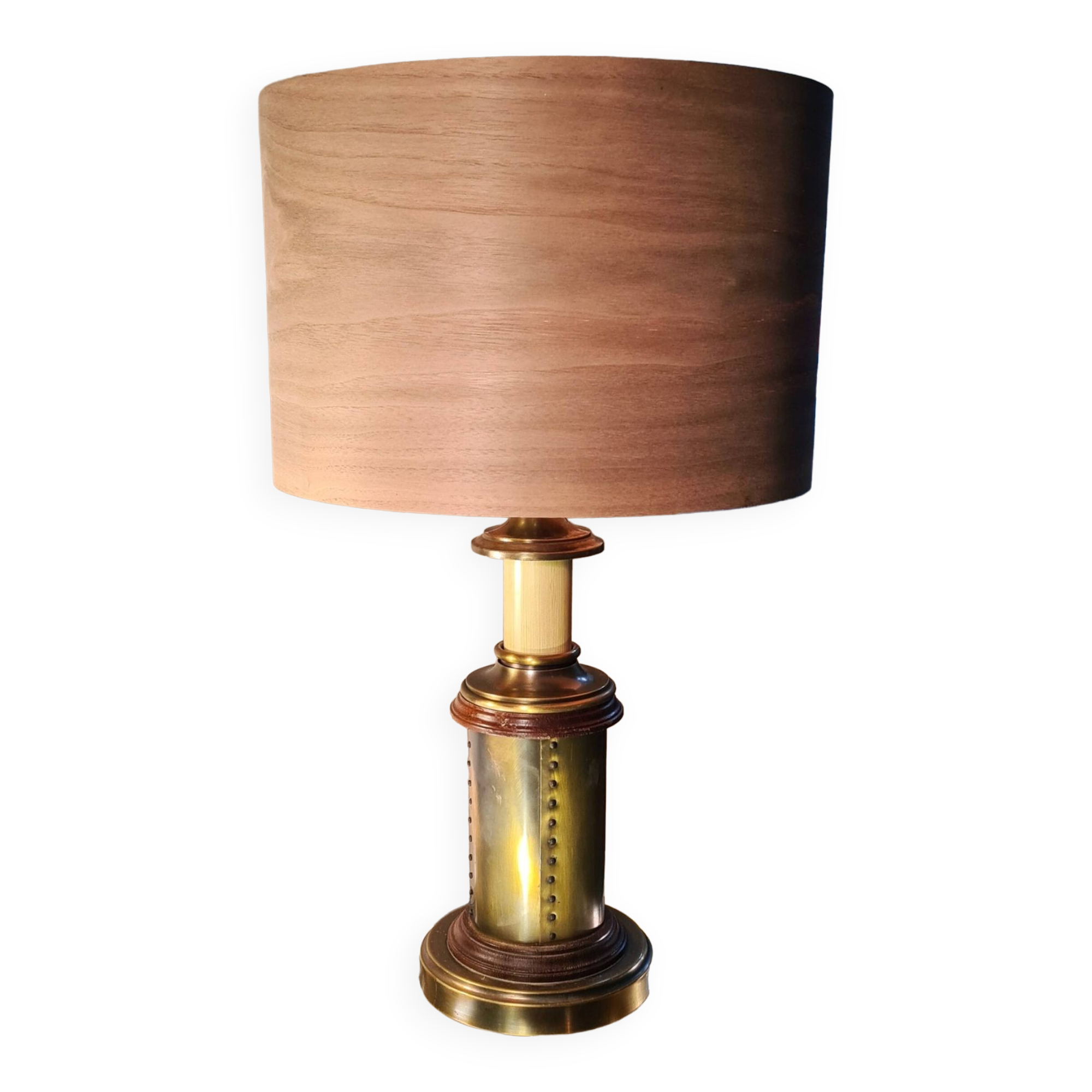 1970 wood and metal lamp in patinated riveted style with superb heavy lampshade in real wood sheet