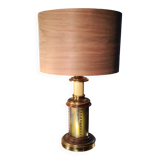 1970 wood and metal lamp in patinated riveted style with superb heavy lampshade in real wood sheet