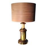 1970 wood and metal lamp in patinated riveted style with superb heavy lampshade in real wood sheet