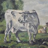 Oil on canvas painting herd of cows in the meadow