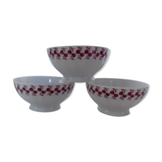 3 bowls decoration red flowers porcelain chauvigny deshoulières