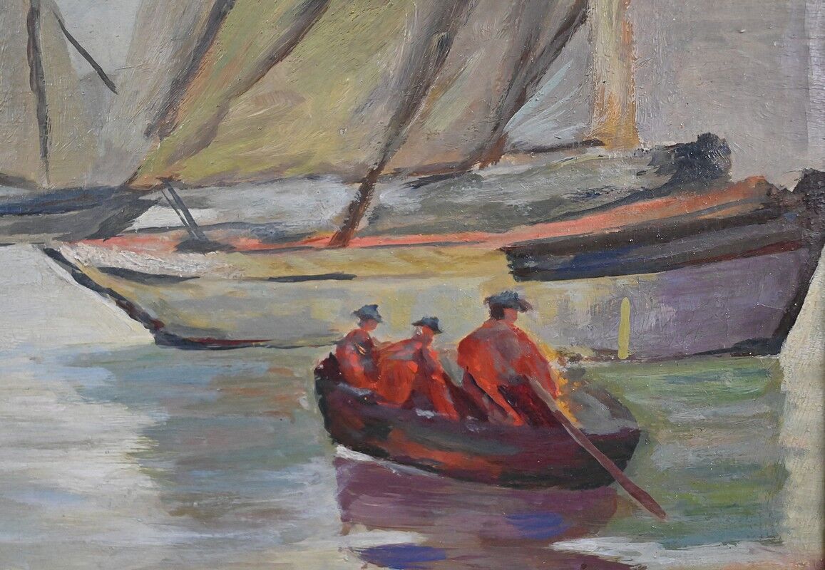 Painting "Sailboats on Calm Sea", oil on canvas, signed C. Bustad – 1928