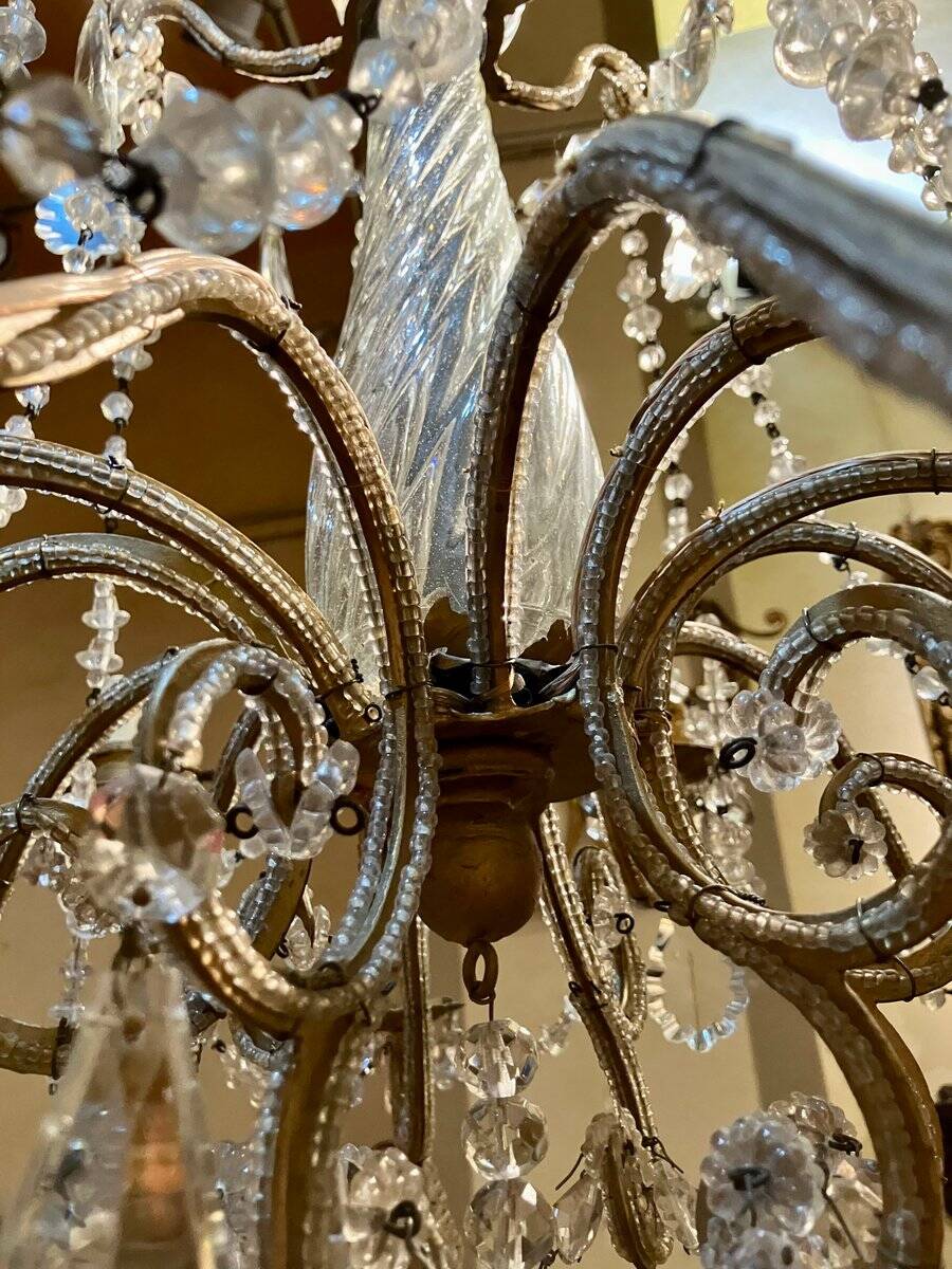 Chandelier en cage en cristal taillé et perles de verre italiennes, années 1800