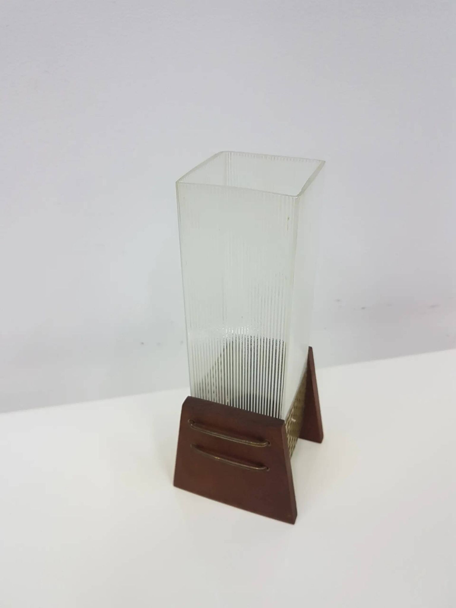 Candle holder, brown teak, clear glass, Denmark, 1960s.