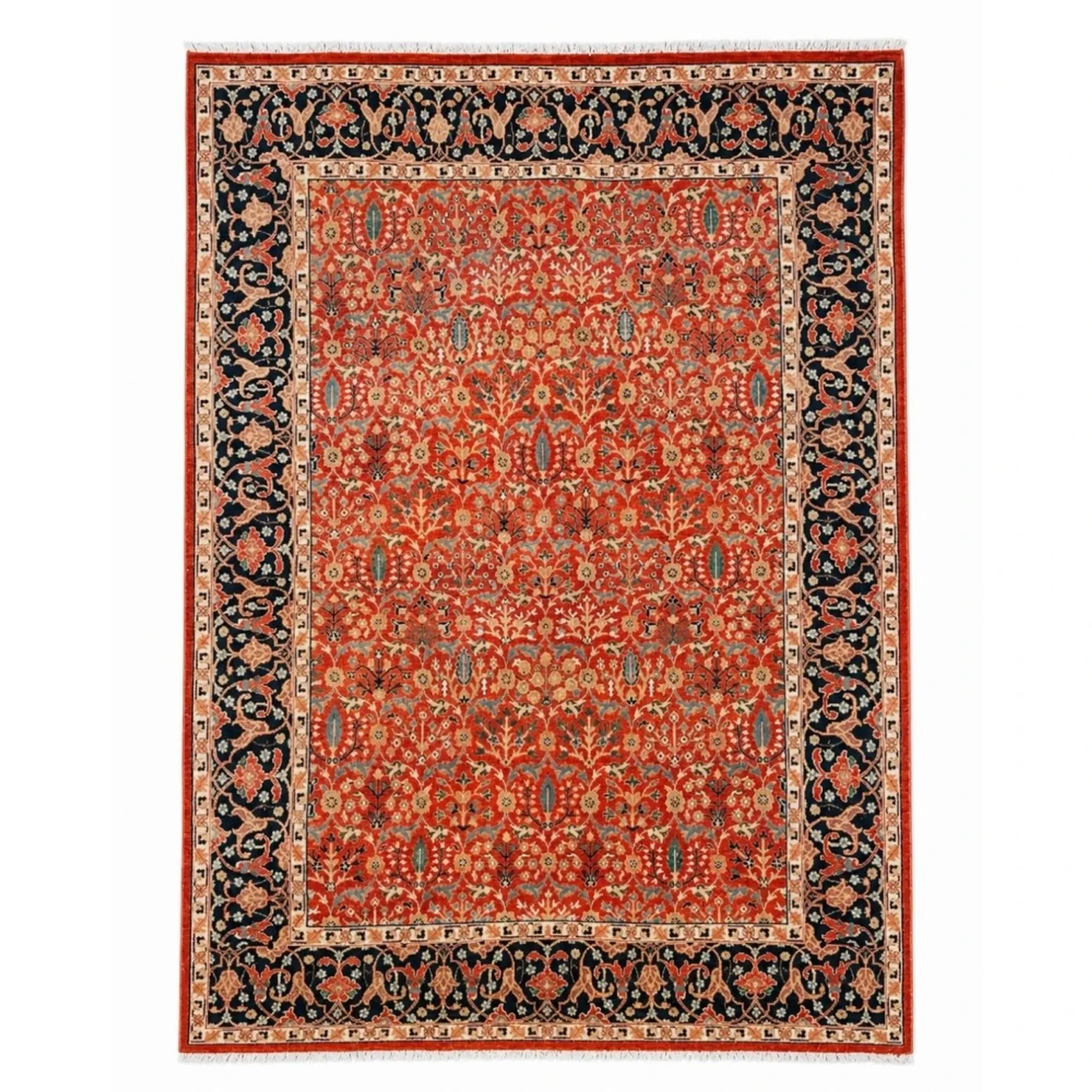 Hand-Knotted Area Rug with Floral Design, Red Wool Carpet for Living Room