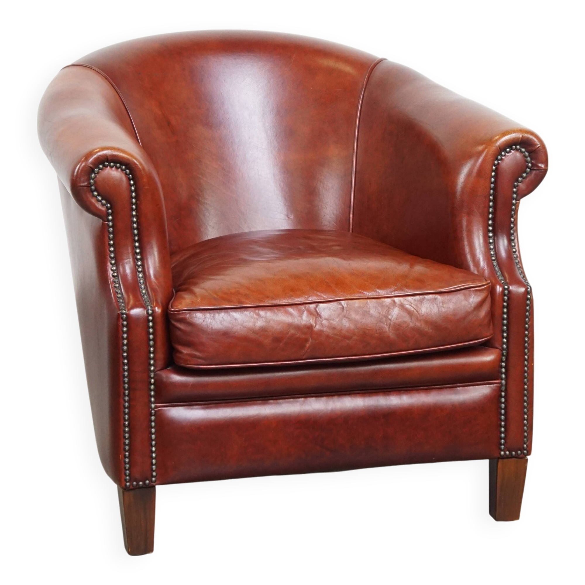 Cognac-Colored Cowhide Leather Club Chair in English Style