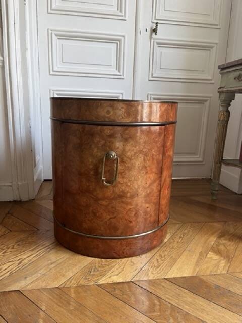 Drum side table in wood burl with door