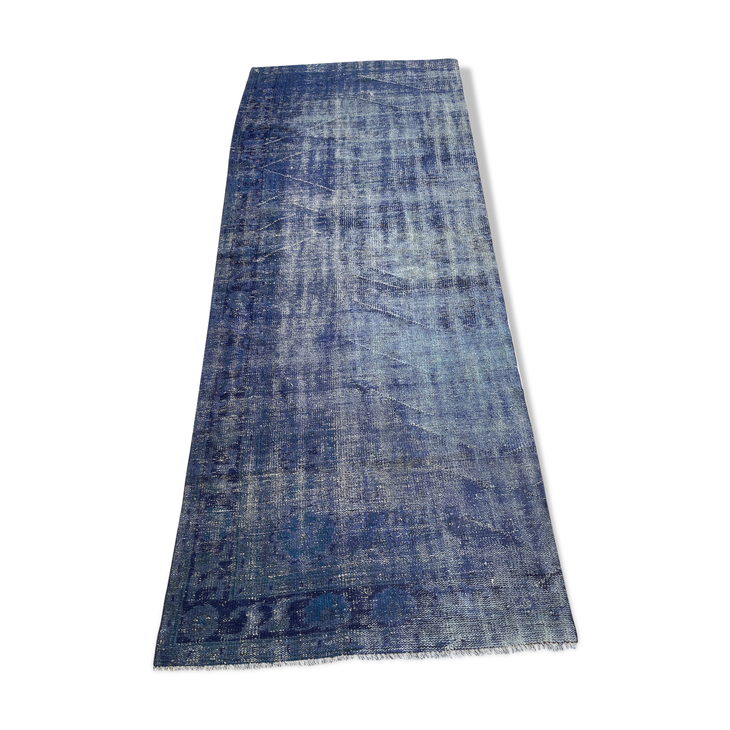 Distressed overdyed turkish rug runner 274 x107 cm vintage wool blue rug runner