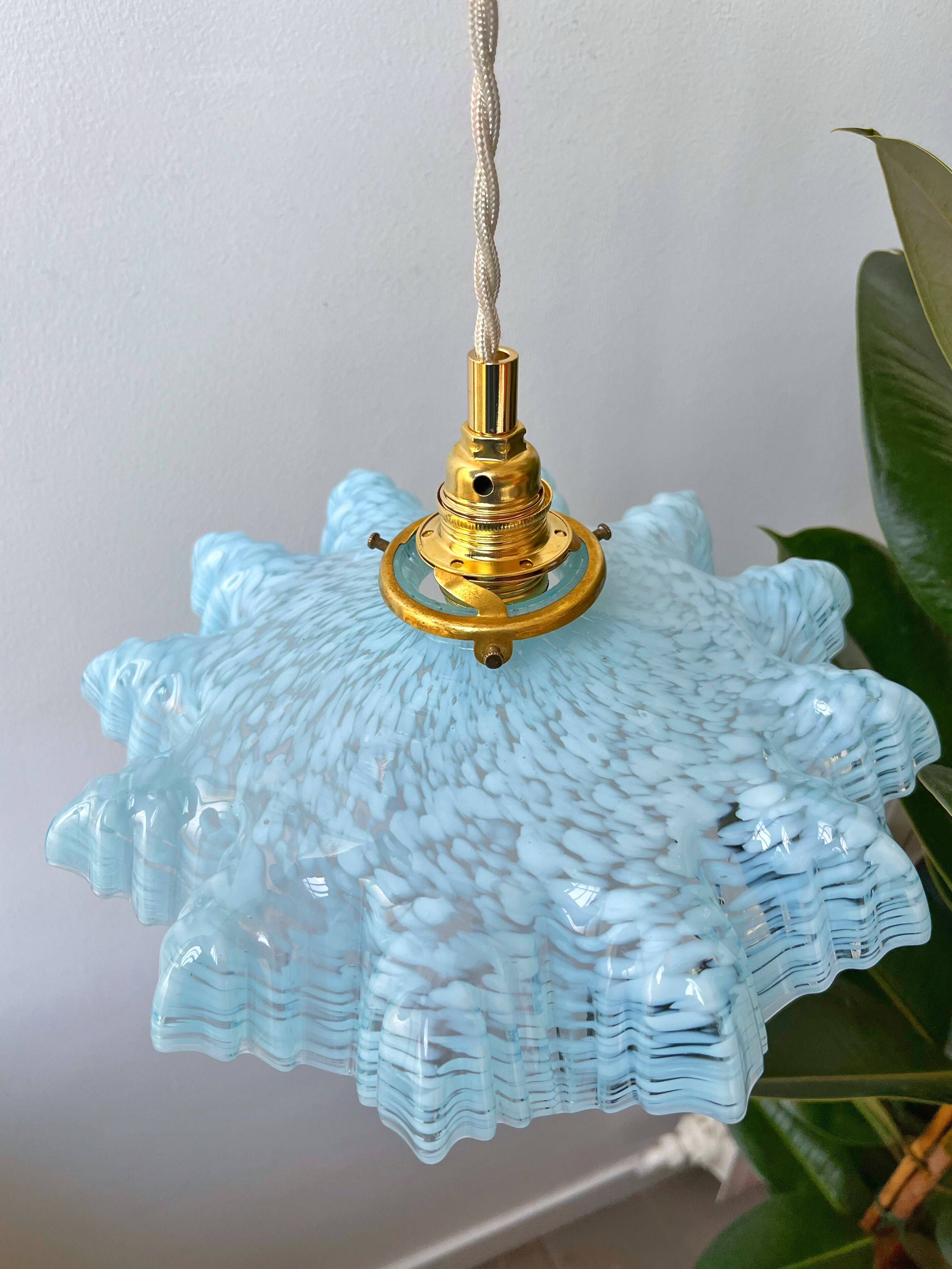Large serrated blue Clichy glass pendant light