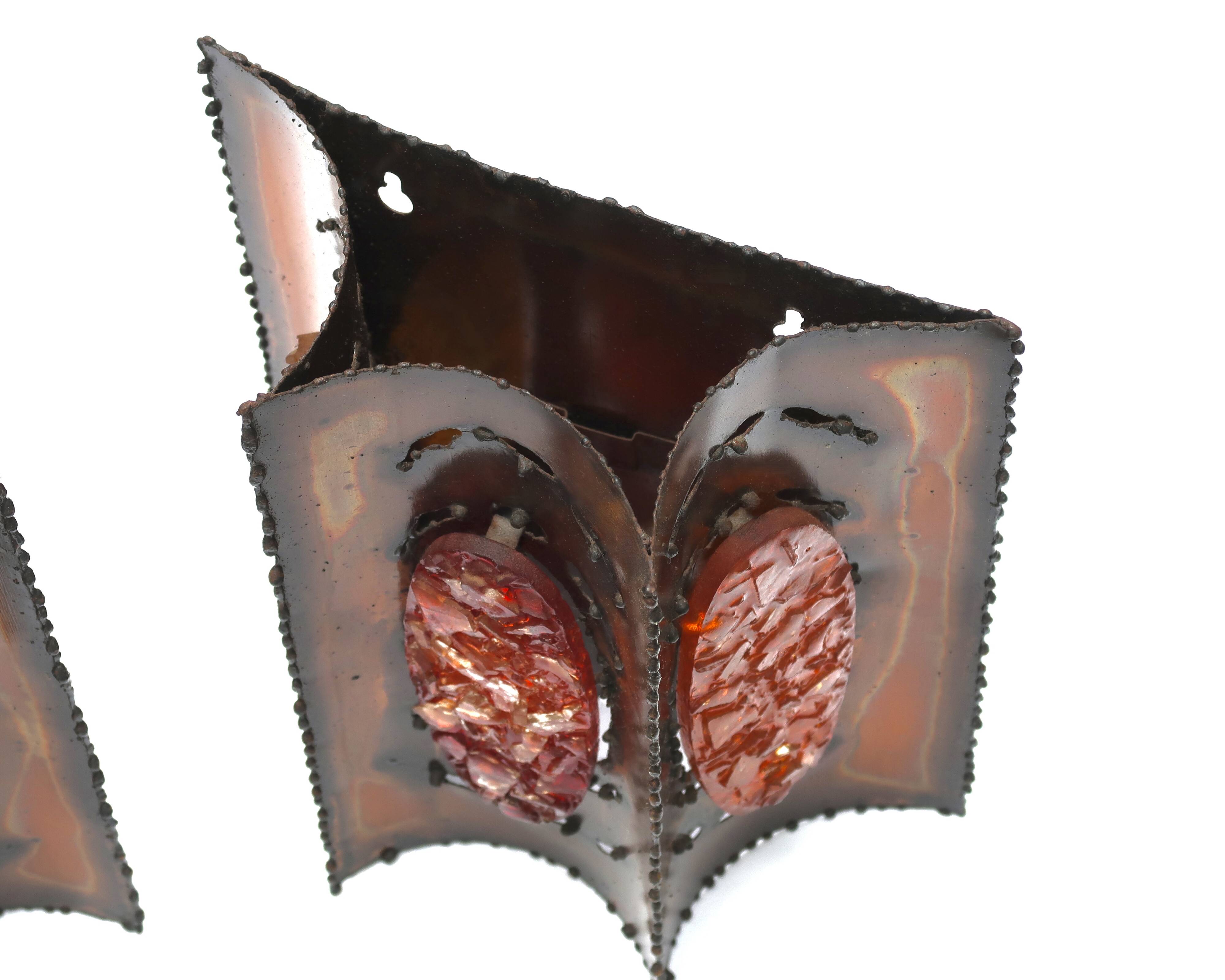 Pair of brutalist Accolay wall lights in copper and resin, 1960s