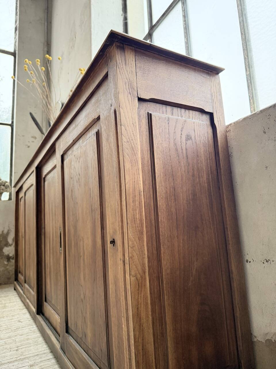 XL oak workshop sideboard with sliding doors from 1900